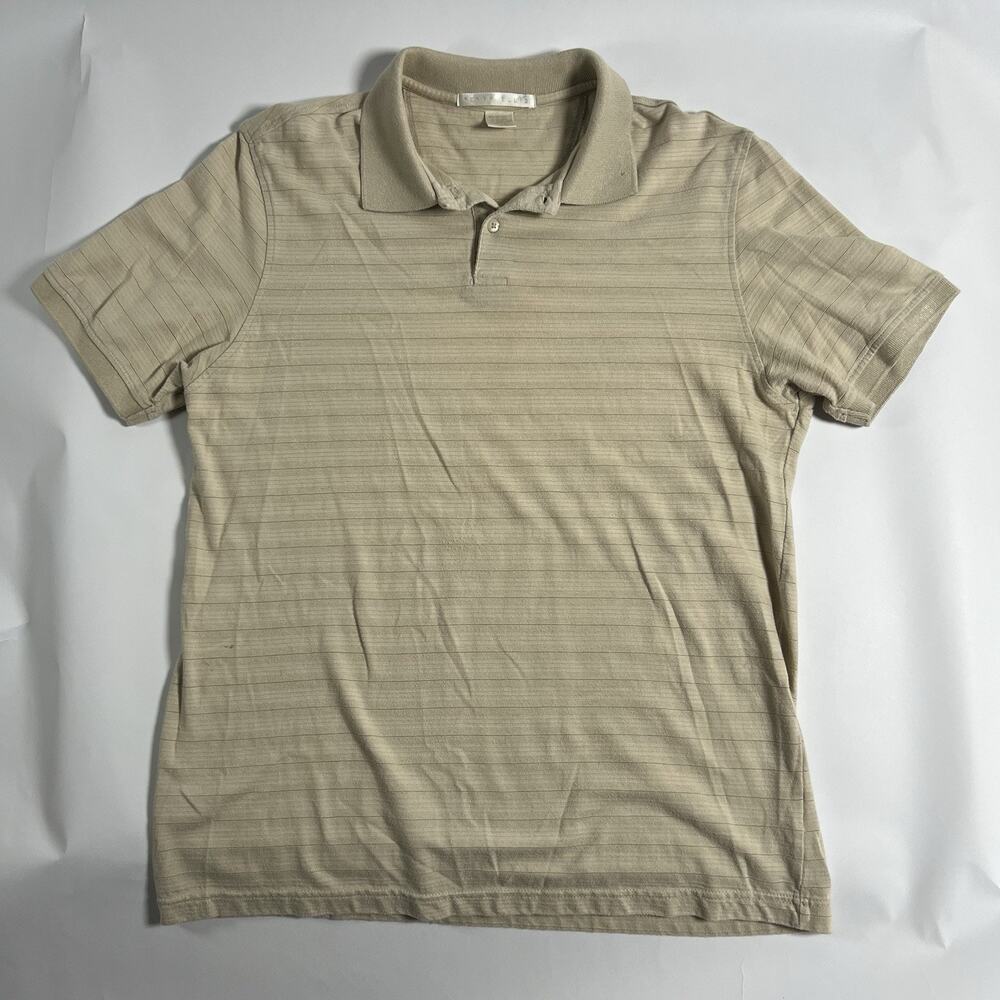 Perry Ellis Men's L Regular Polo Shirt Beige Striped S/S Cotton Blend Knit